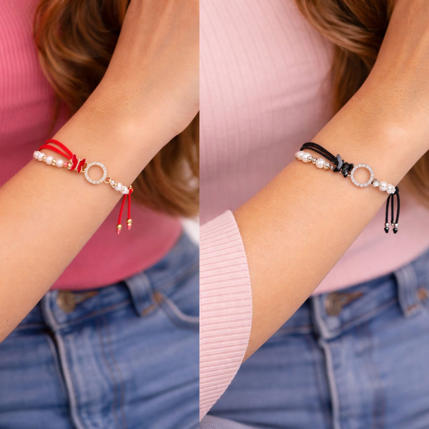 Two different bracelets on a person's wrist with a pink shirt and blue jeans background.