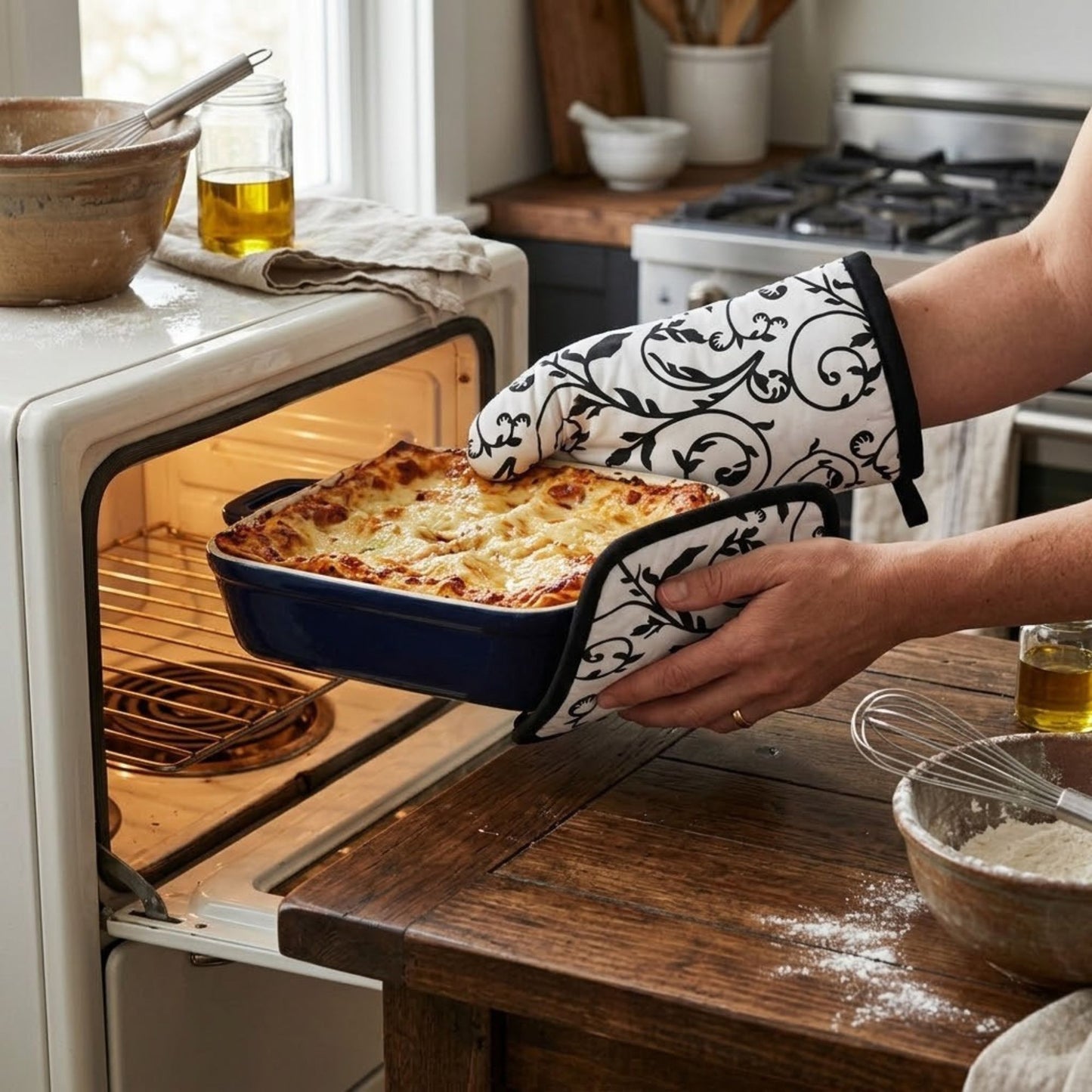 2 Pack Kitchen Oven Mitt & Pot Holder Set Heat Resistant Kitchen Set lifestyle use image