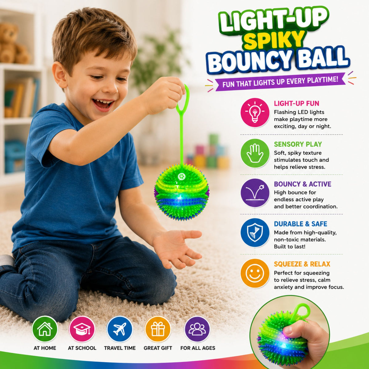 Child playing with a colorful light-up spiky bouncy ball toy featuring a stretchy finger loop, flashing LED lights, sensory texture, and bouncy design in a bright playroom.