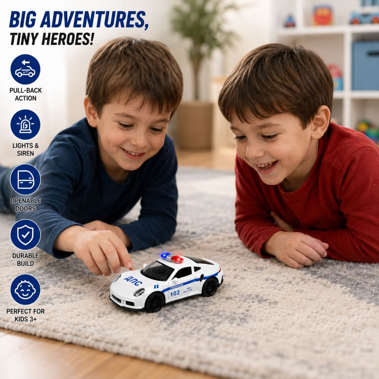 Two children playing with a small white police sports car toy featuring pull-back action, flashing lights and siren, openable doors, durable construction, and realistic police detailing.