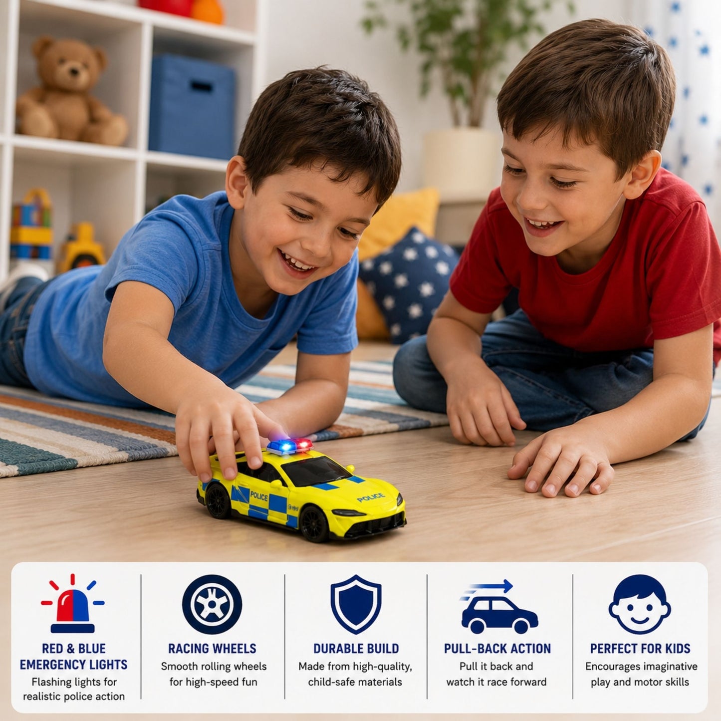 Two children playing with a yellow and blue police racing sports car toy featuring red and blue emergency lights, racing wheels, pull-back action, durable construction, and realistic police detailing.