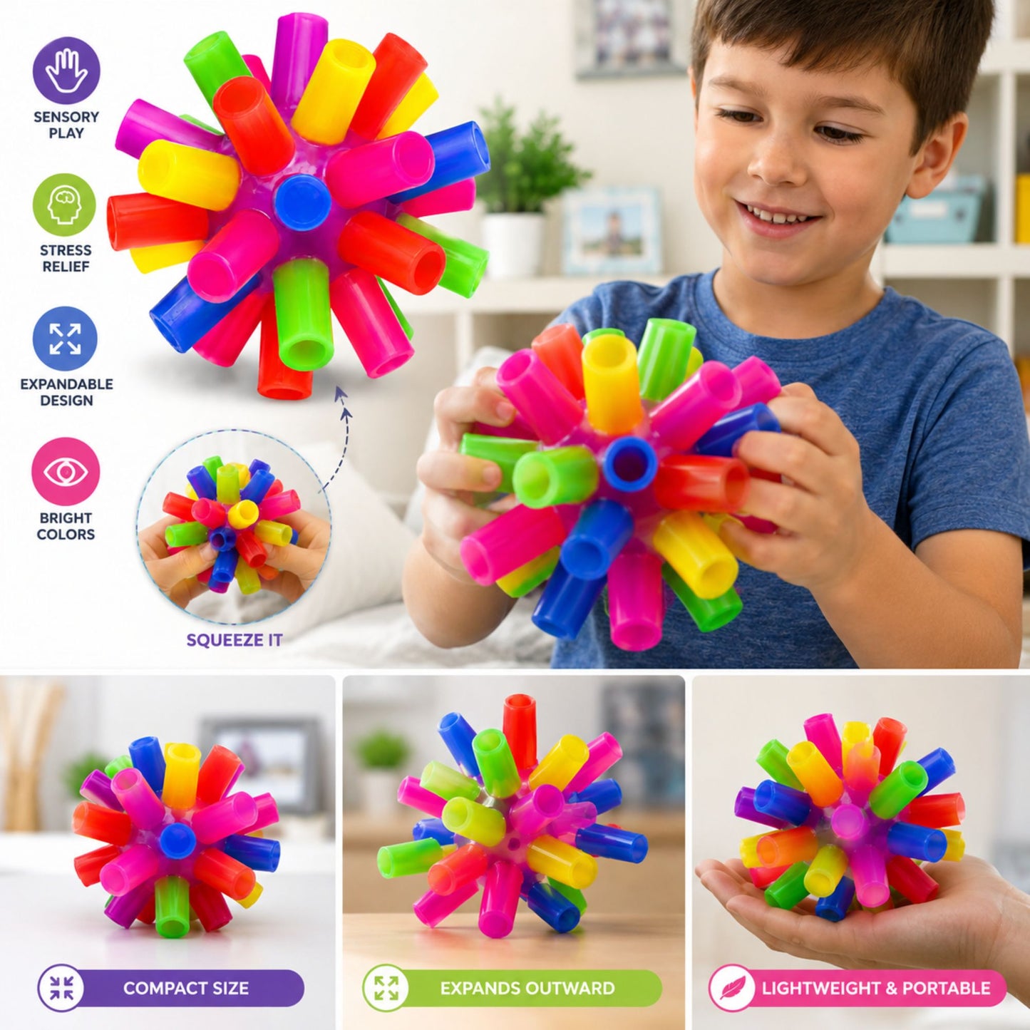 A collage showing a child holding a colorful squeeze ball toy, with feature callouts and close-up views. The product is made of bright, interlocking plastic tubes in multiple colors including pink, yellow, green, blue, and orange.