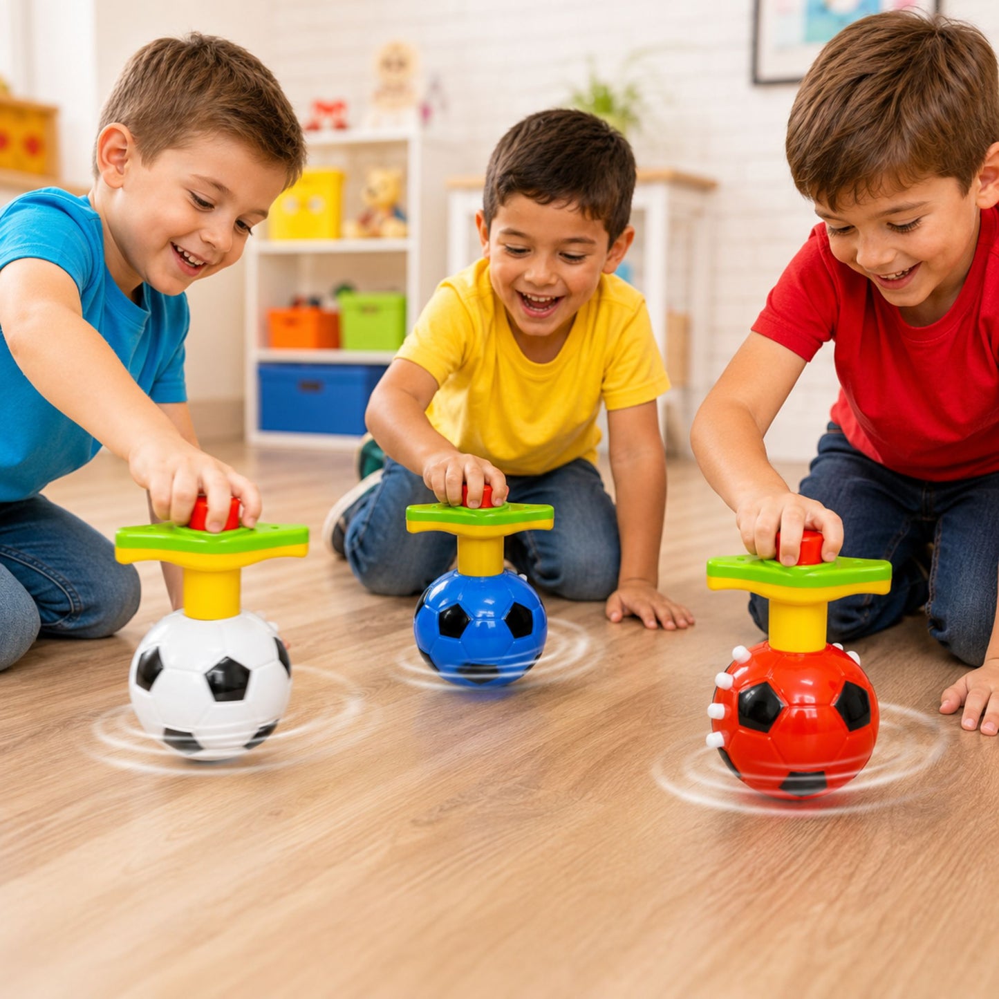 Three children kneeling on a wooden floor in a bright playroom, spinning colorful toy soccer balls on a spinner wheel activity.