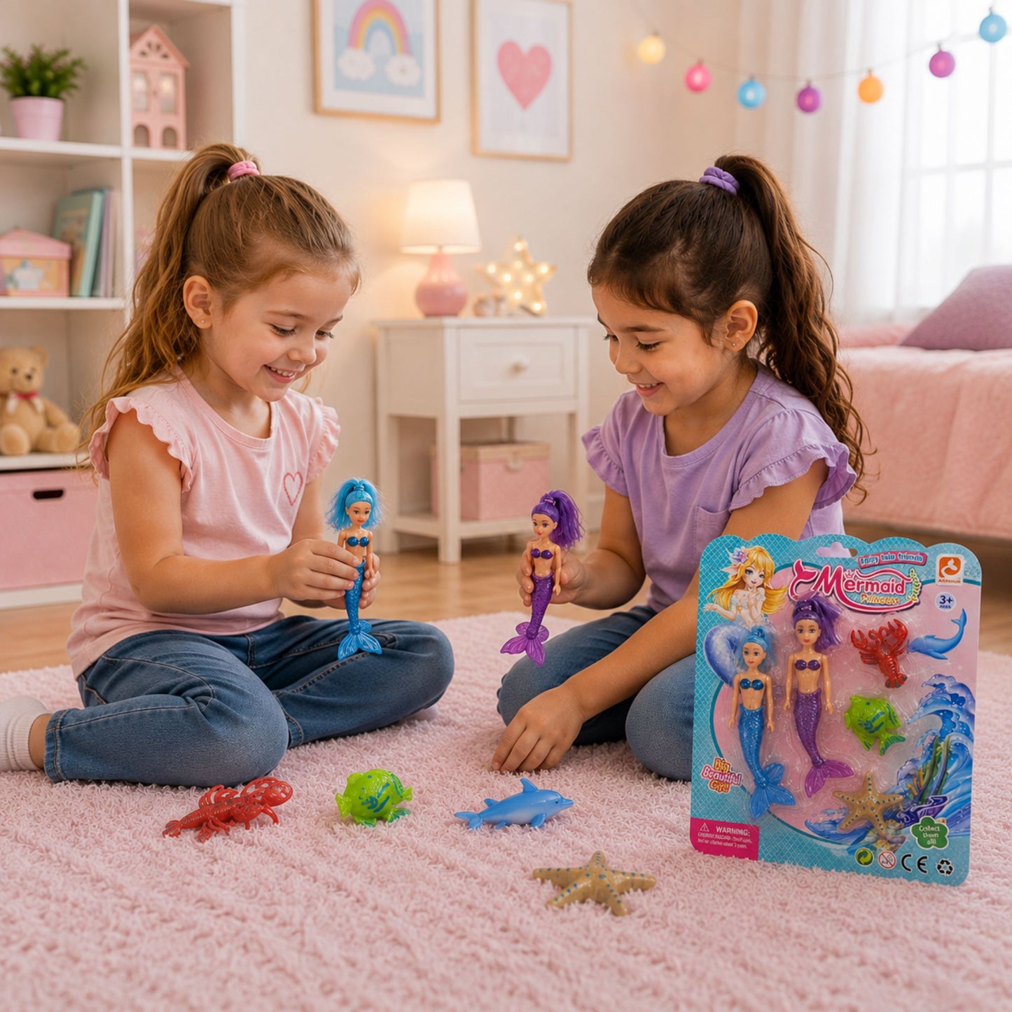 2 Mermaid Dolls with Sea Animal Accessories, Fantasy Pretend Play Toy Set for Girls Ages 3+, Ocean-Themed Dolls and Accessories