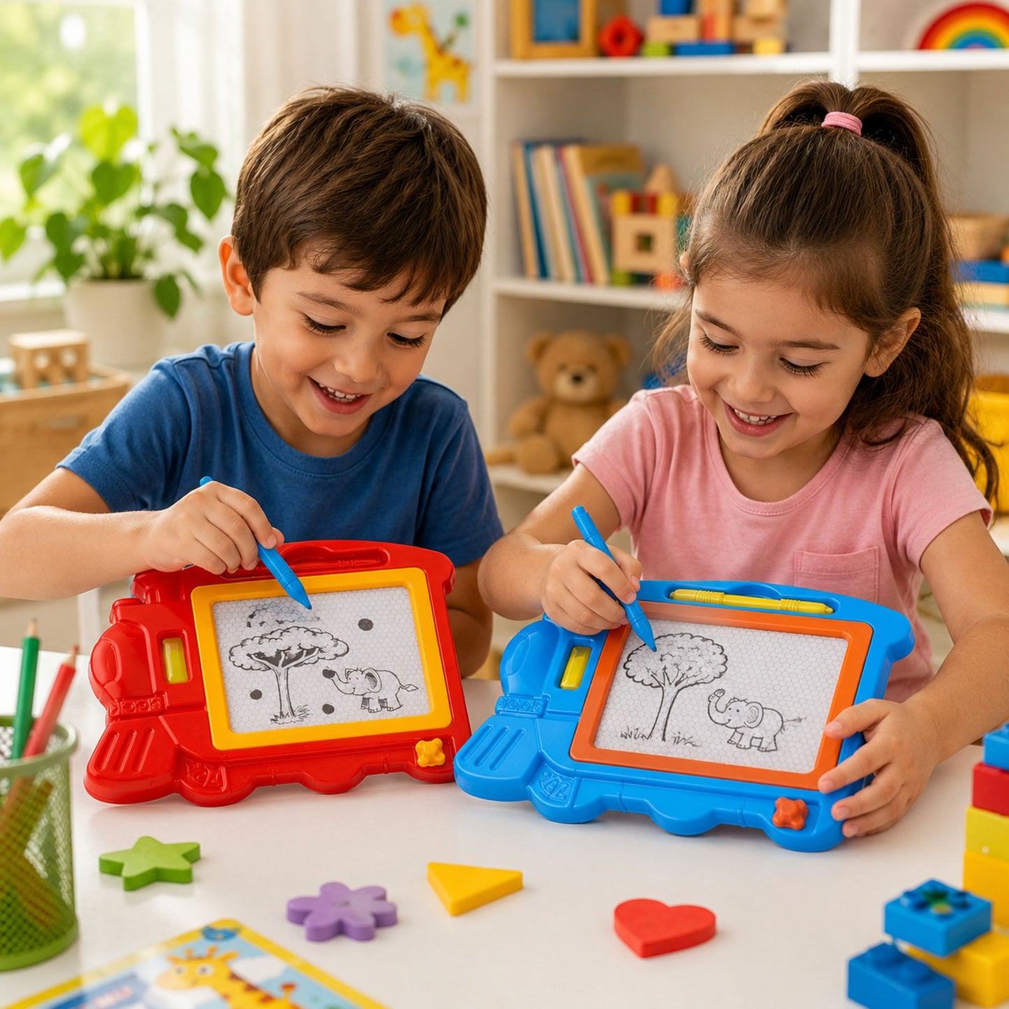 Two children, a boy in a blue shirt and a girl in a pink shirt, drawing on colorful magnetic magnetic drawing boards at a white table in a bright, playful room. Colorful geometric blocks and drawing tools are scattered around them.