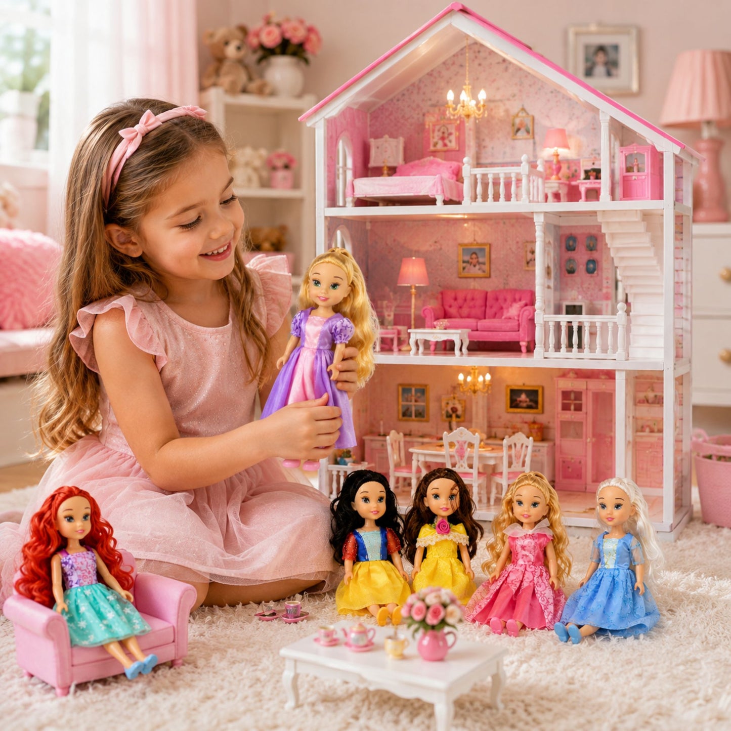 A young girl in a pink dress sits on a white rug in a bright pink room, playing with a large pink dollhouse and several princess-style dolls. The dollhouse has multiple rooms, stairs, and furniture, and the dolls are arranged around it on the floor.