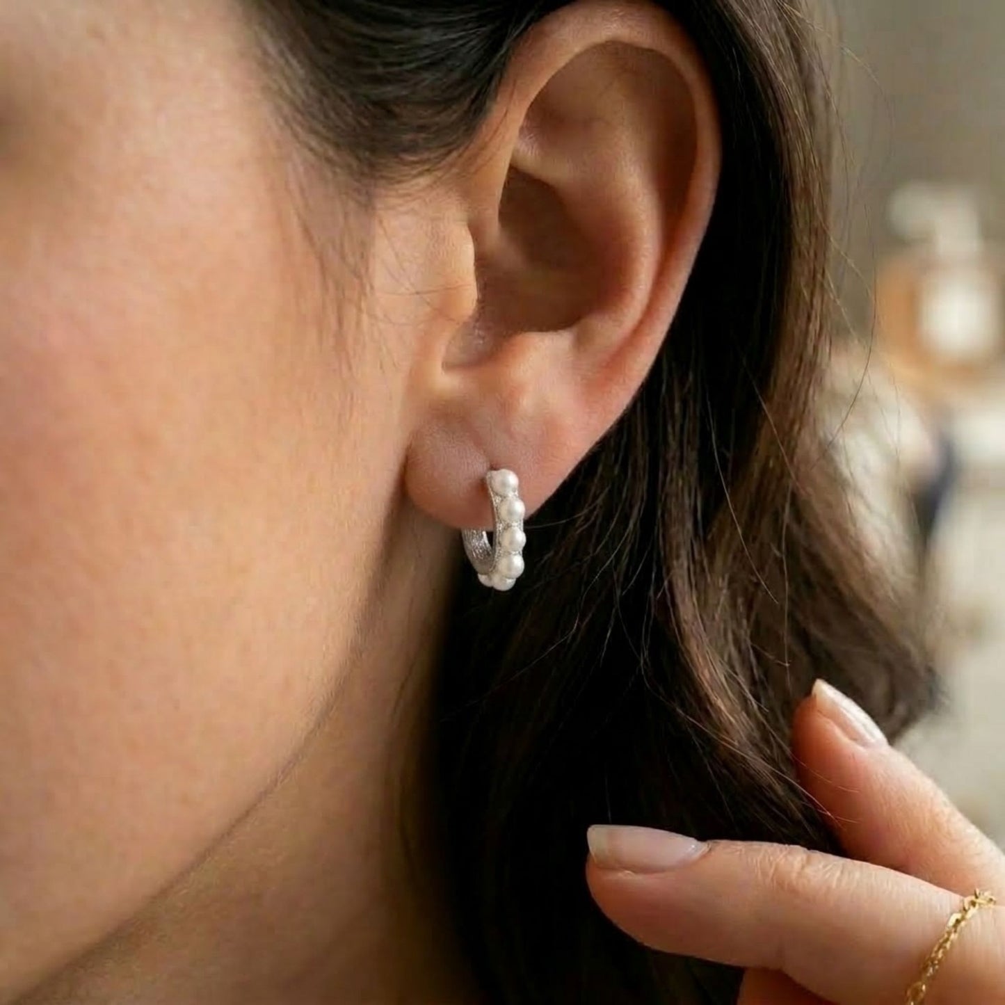 0.25 Inch Silver Hoop Earrings for Women with Pearl Accent Design lifestyle use image