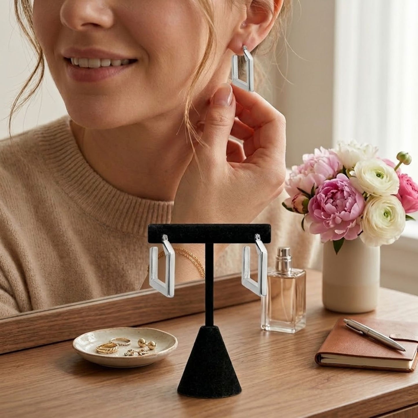 0.5 Inch Silver Square Hoop Earrings Minimalist Geometric Studs Earing lifestyle use image