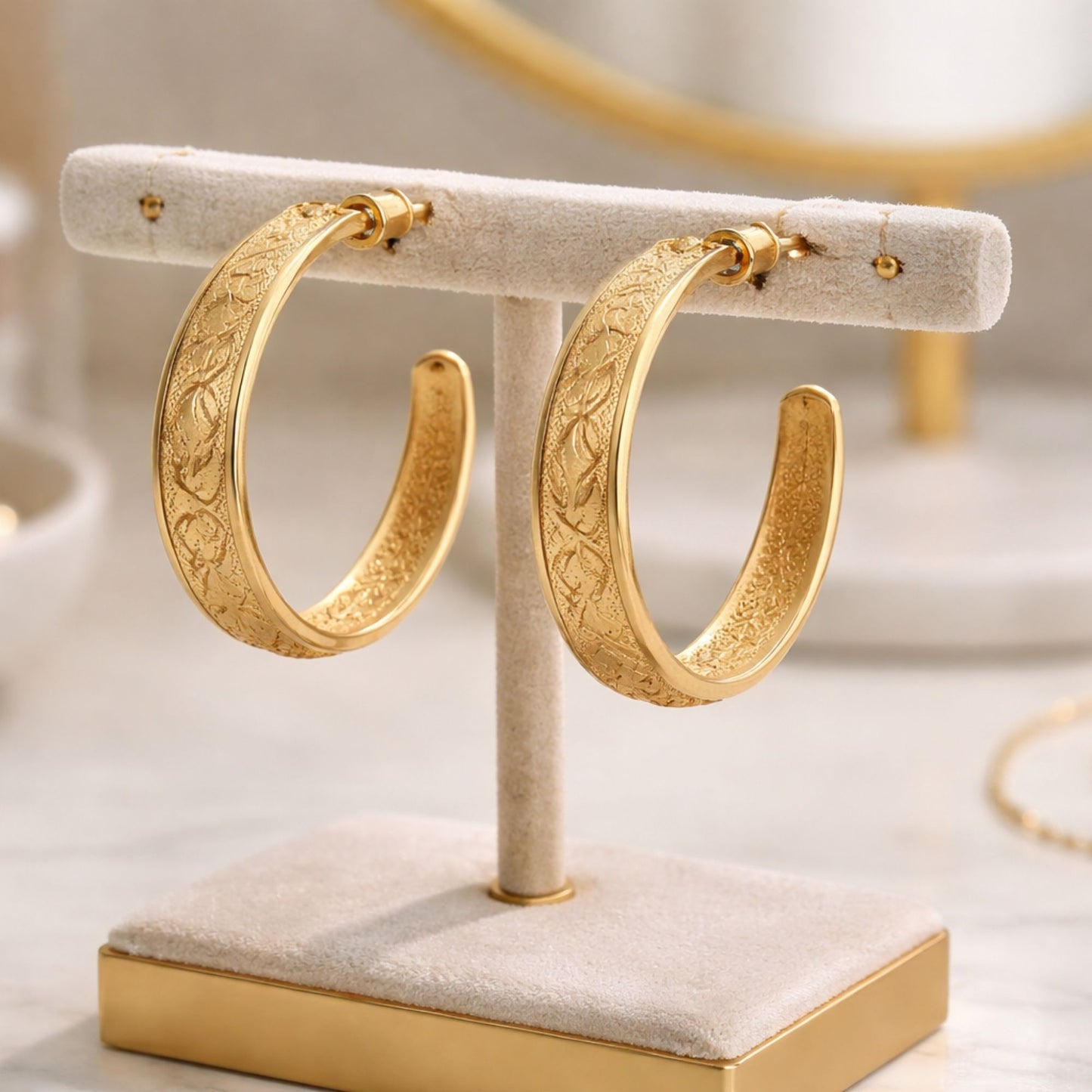 1.25 Inch Gold Tone Engraved Leaf Pattern Hoop Earrings product image 5
