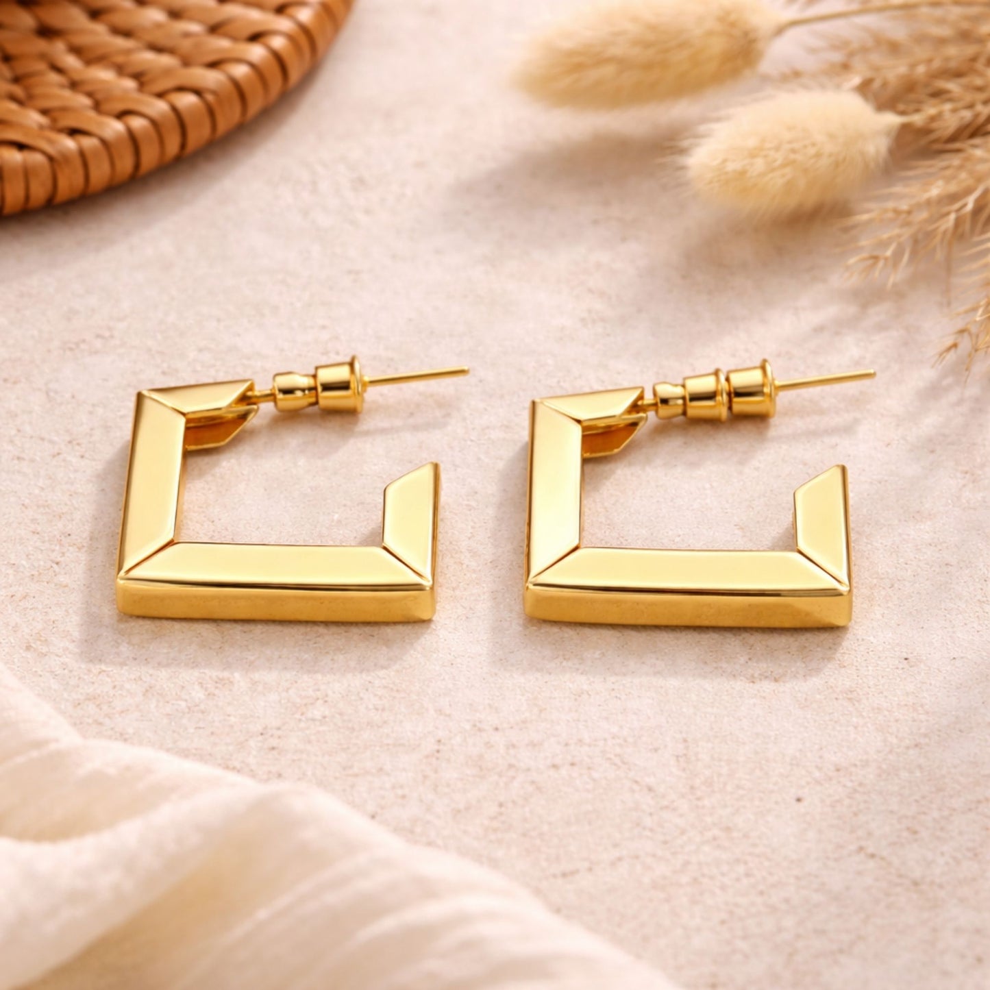 Gold Tone Square Open Hoop Earrings – Modern Geometric Statement Jewelry