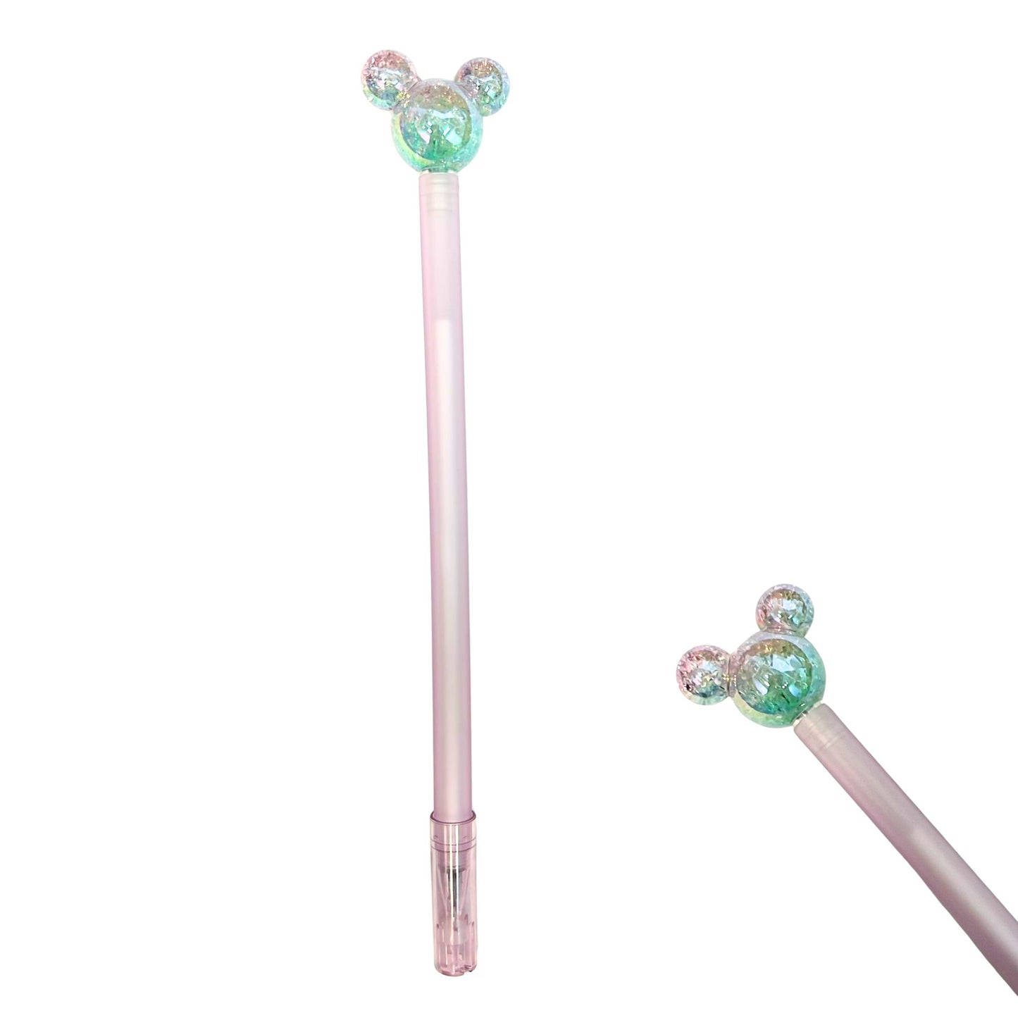 Two pink pens with colorful Mickey Mouse-style ends on a white background