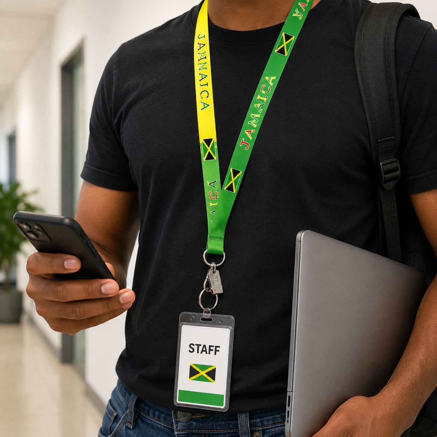 Person wearing a 'Jamaica' lanyard with a staff badge, holding a phone and laptop.