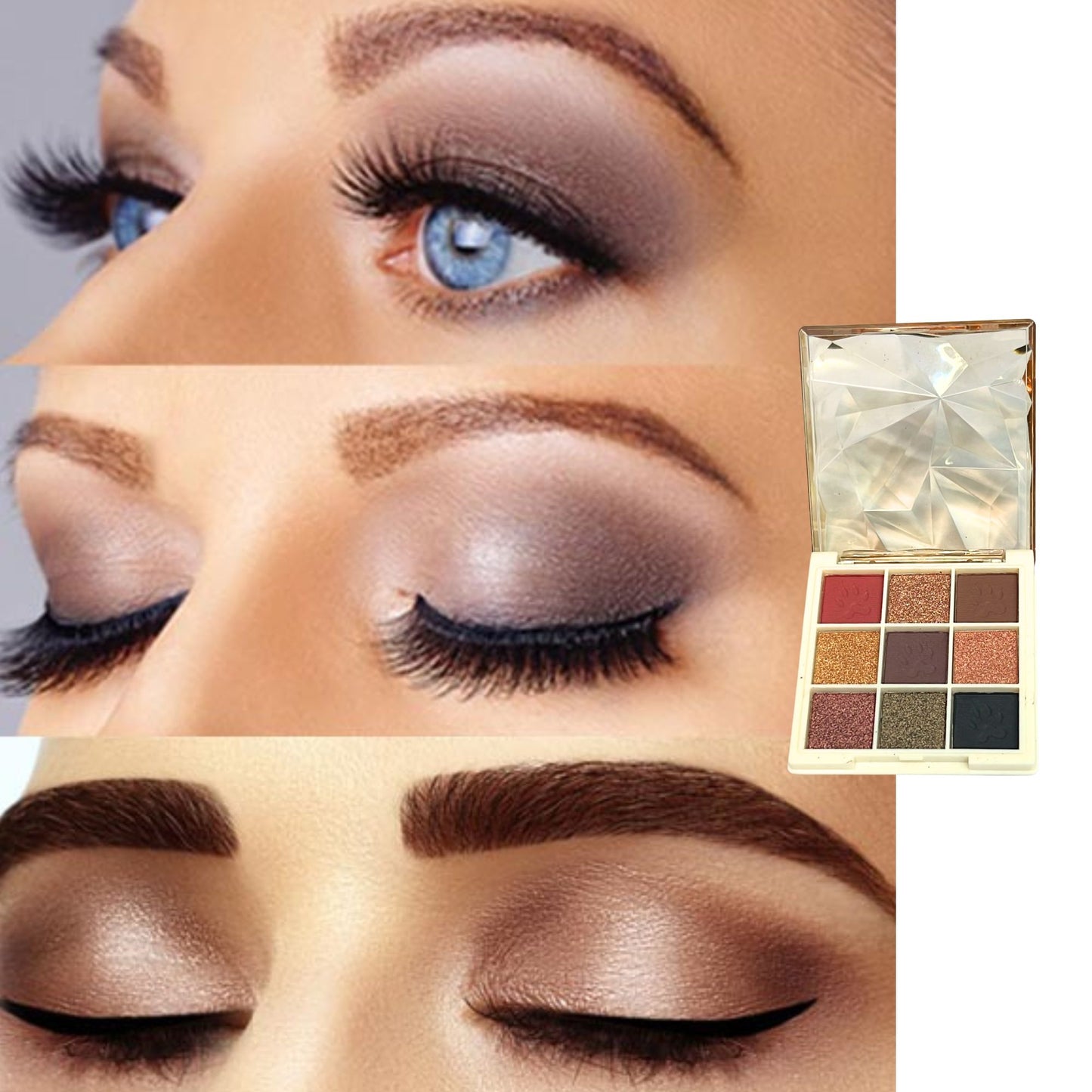 Makeup palette with eyeshadow shades and close-up of eye makeup application.