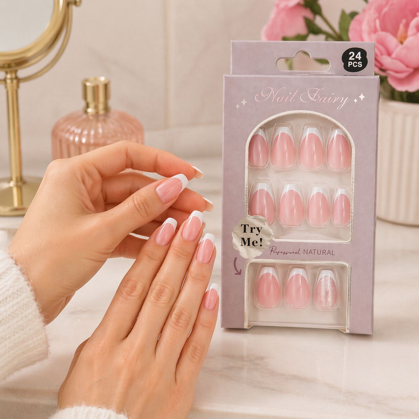 24 PCS Nail Fairy French Tip Pink Artificial Nails Set lifestyle use image