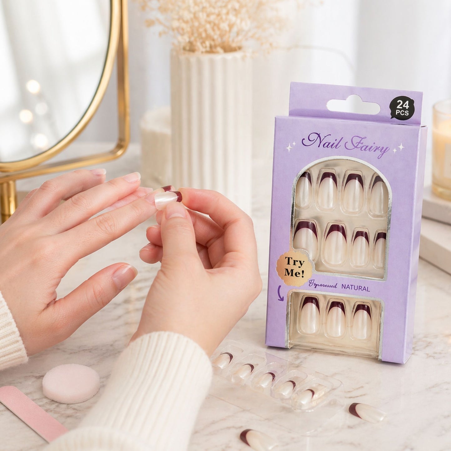 24 PCS Nail Fairy French Tip Press On Artificial Nails Set lifestyle use image