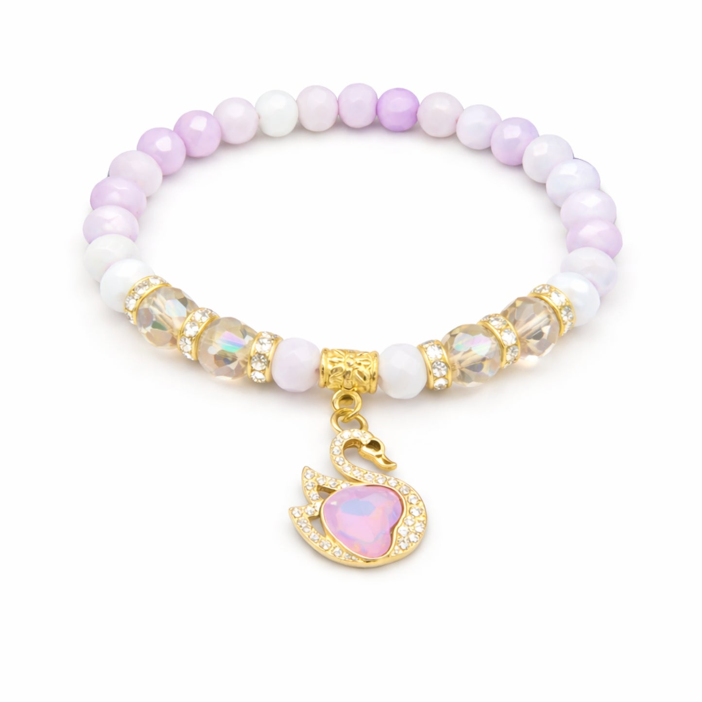 Bracelet with purple, white, and gold beads on a white background