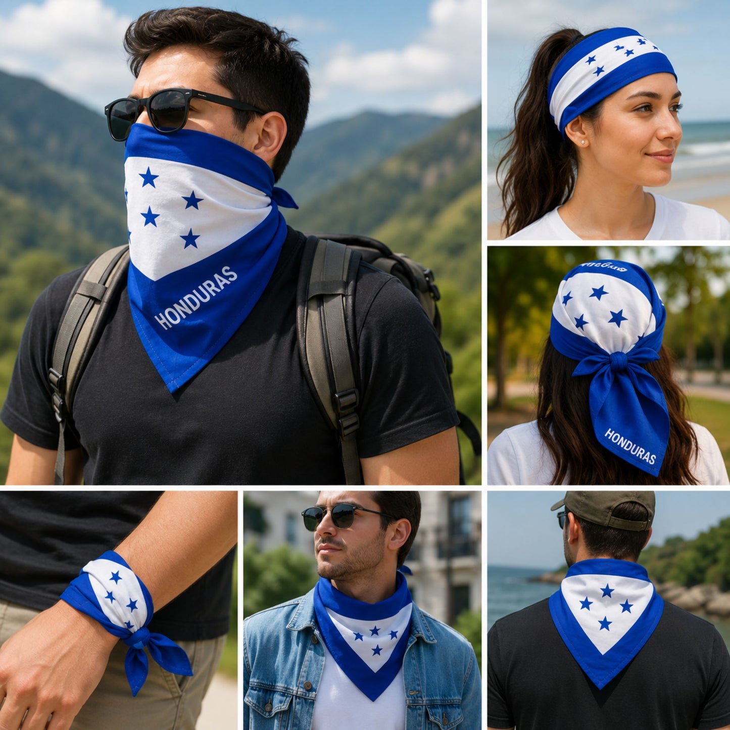 A collage showing a blue and white Honduras flag-themed bandana/scarf worn by multiple people in outdoor settings. The scarf has white stars and the word HONDURAS printed on it, and it is shown on the face, neck, wrist, and as a headband.