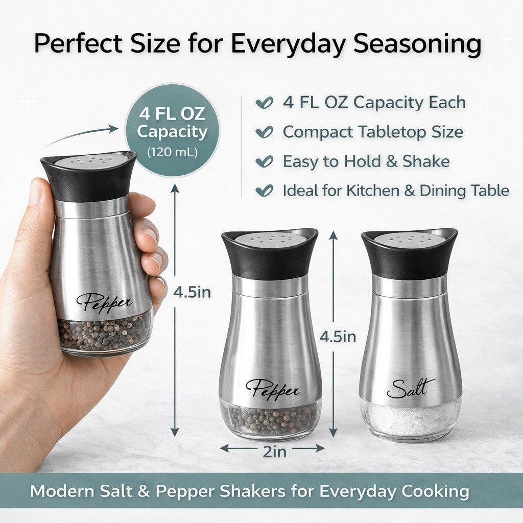 4 FL OZ Salt & Pepper Stainless Steel Glass Salt and Pepper Shakers Set