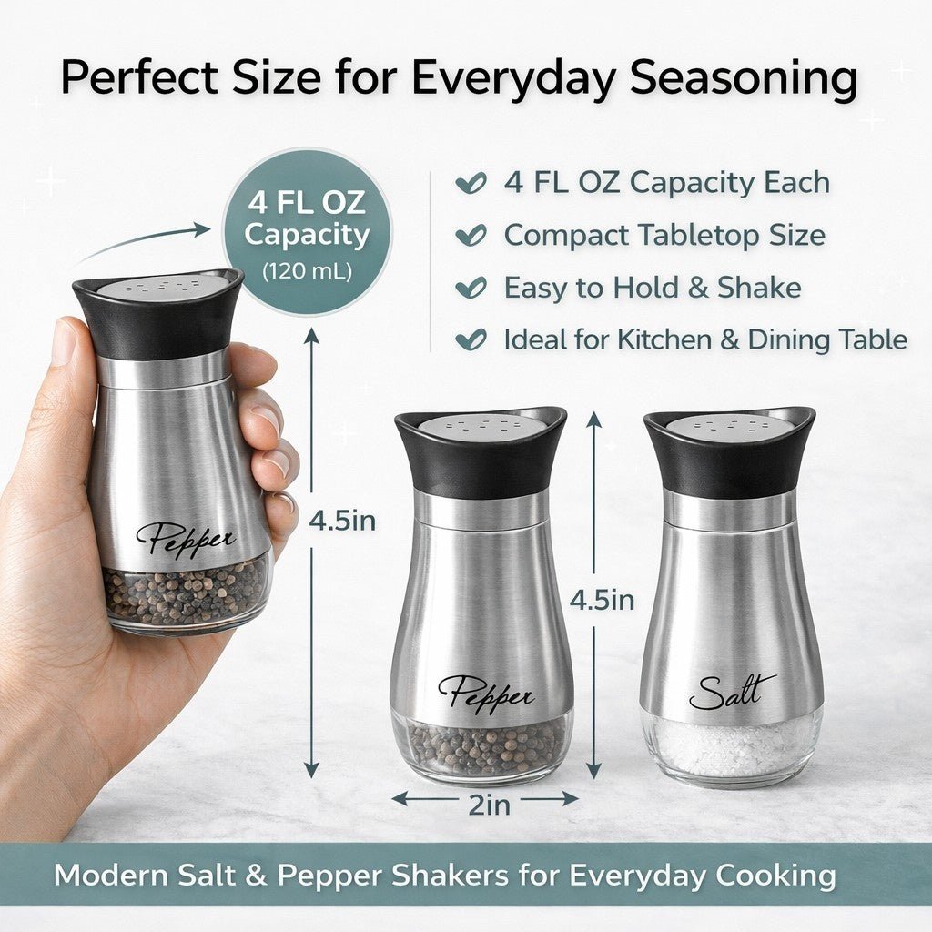 4 FL OZ Salt & Pepper Stainless Steel Glass Salt and Pepper Shakers Set Door Stops lifestyle use image