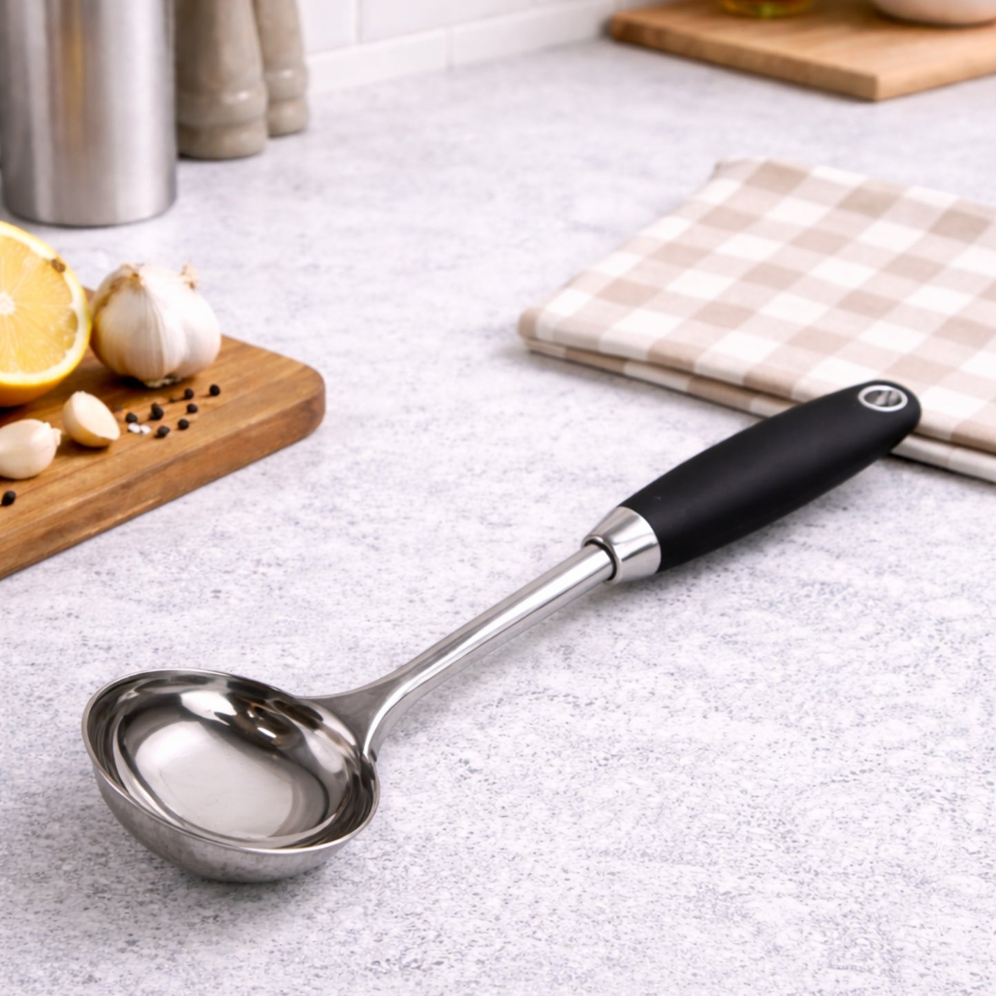 12" Ideal Kitchen Black Stainless Steel Ladle Utensils lifestyle use image