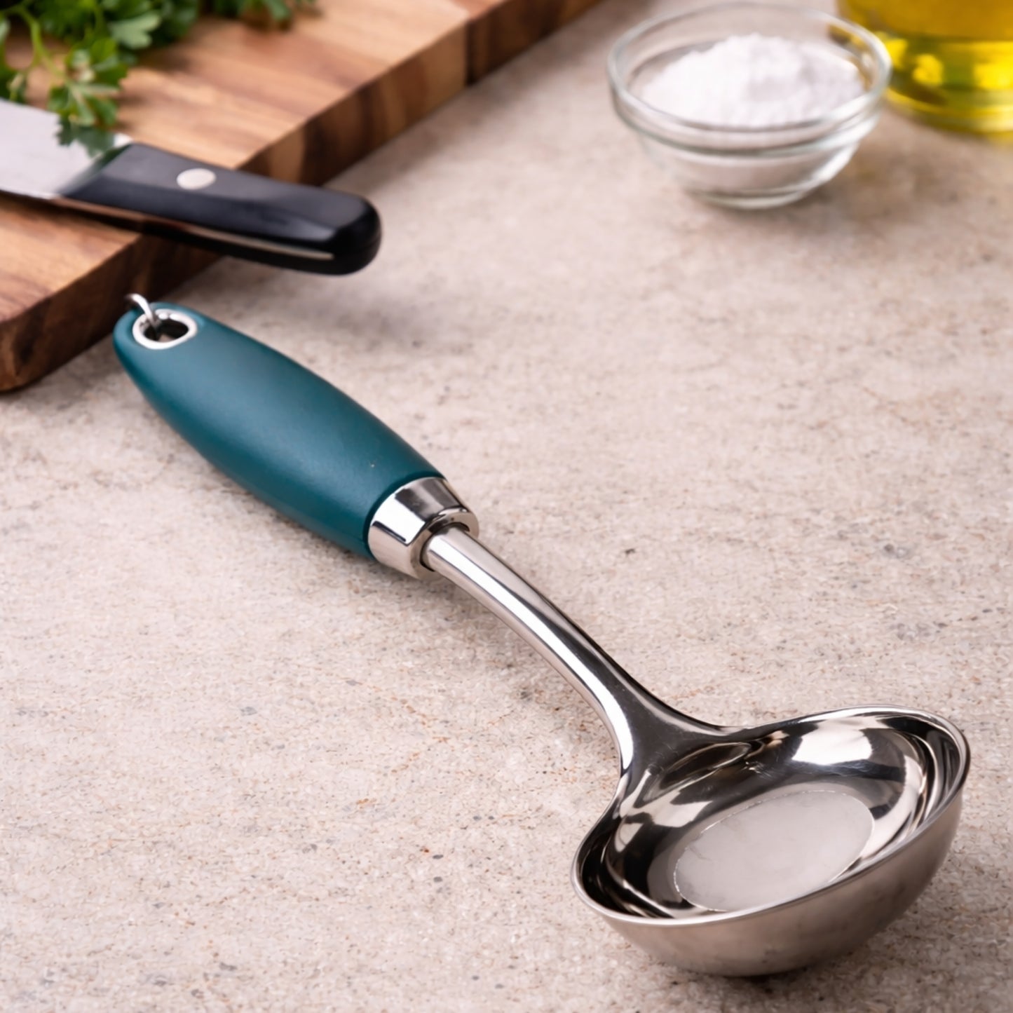 12" Ideal Kitchen Green Stainless Steel Ladle 12" Utensils lifestyle use image