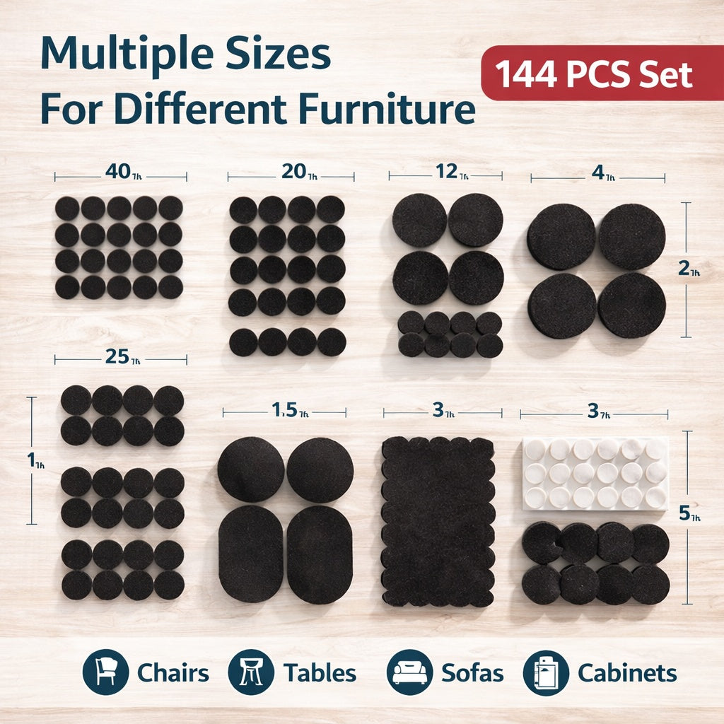 Set of black furniture felt pads with measurements and usage suggestions on a beige background