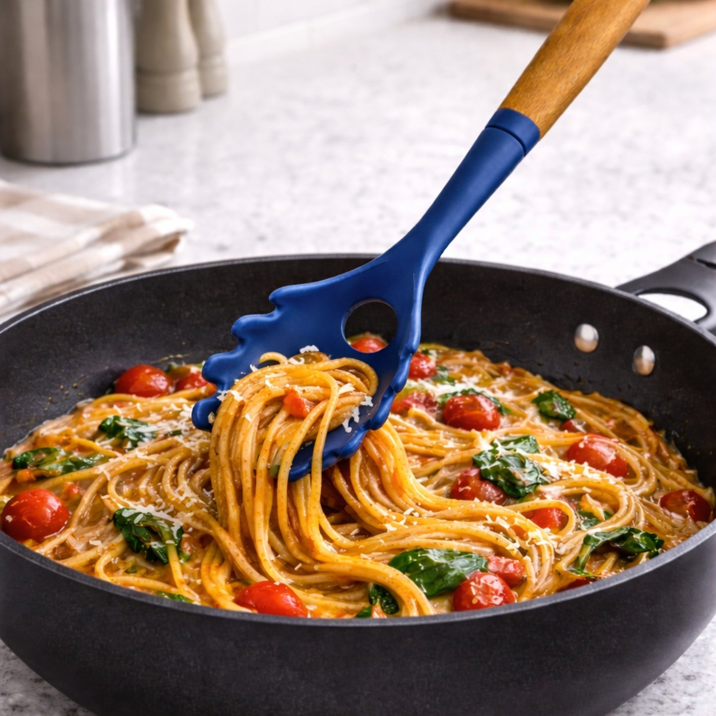 12" Blue Silicone & Wood Handle Ideal Kitchen Spaghetti Spoon Utensils lifestyle use image