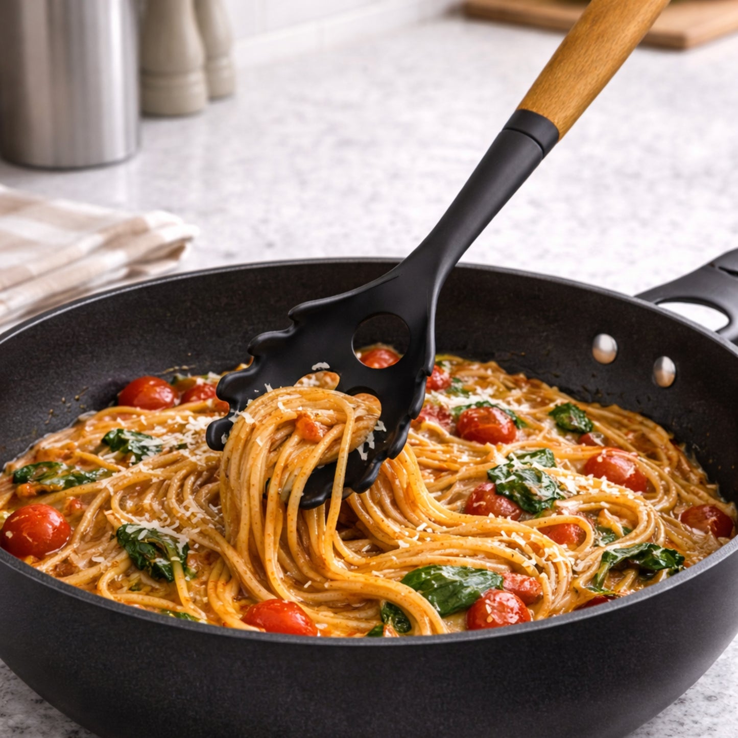 12" Gray Silicone & Wood Handle Ideal Kitchen Spaghetti Spoon Utensils lifestyle use image