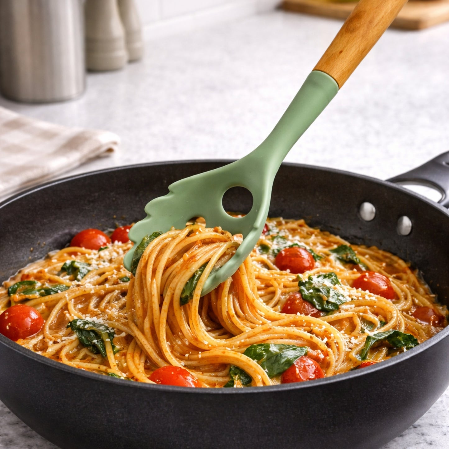 12" Green Silicone & Wood Handle Ideal Kitchen Spaghetti Spoon Utensils lifestyle use image