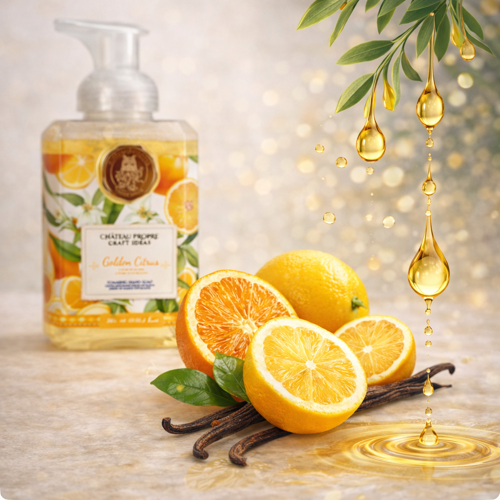 Foaming hand soap bottle with lemons, oranges, vanilla beans, and droplets on a light background