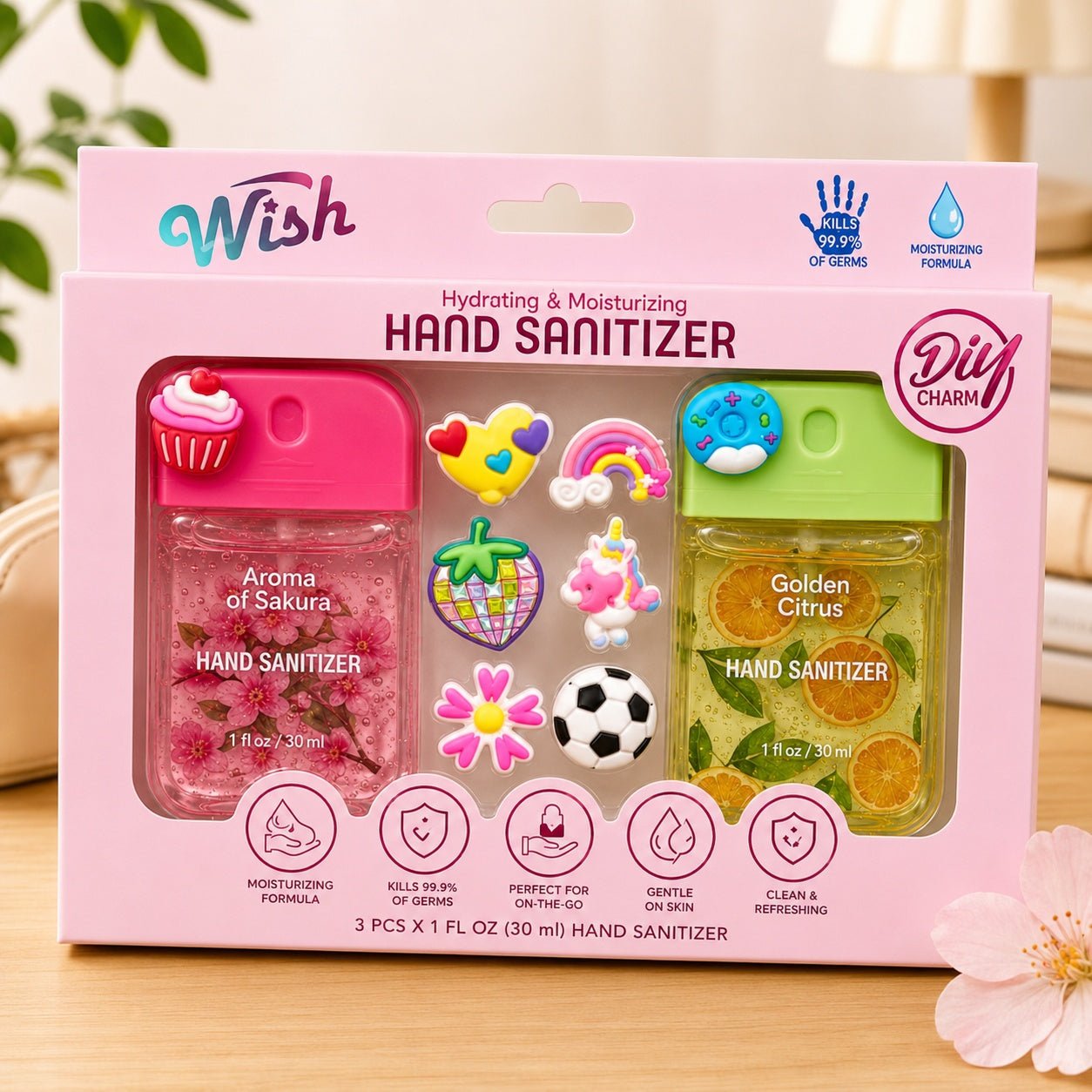Packaging of Wish hand sanitizers with cherry blossom and citrus scents on a wooden surface.