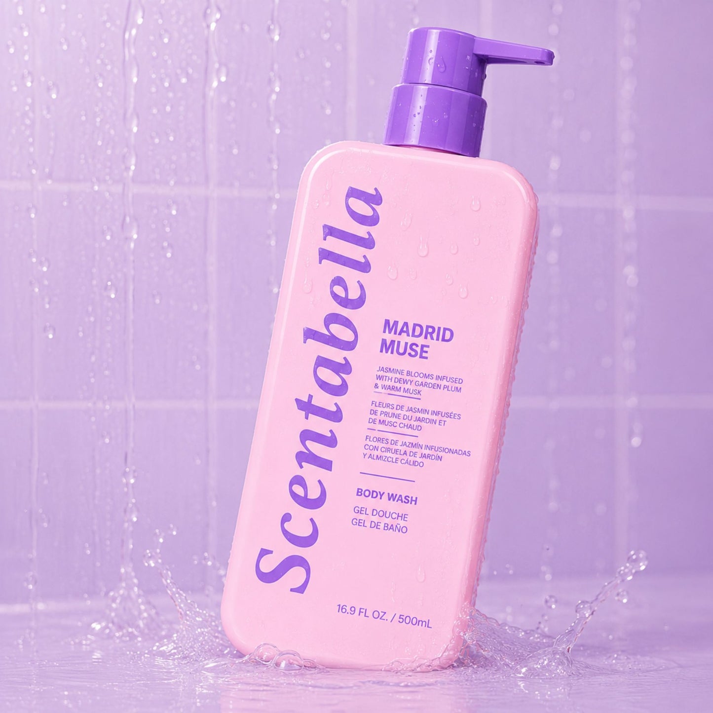 Scentabella Madrid Muse body wash with jasmine plum and warm musk in pink pump bottle