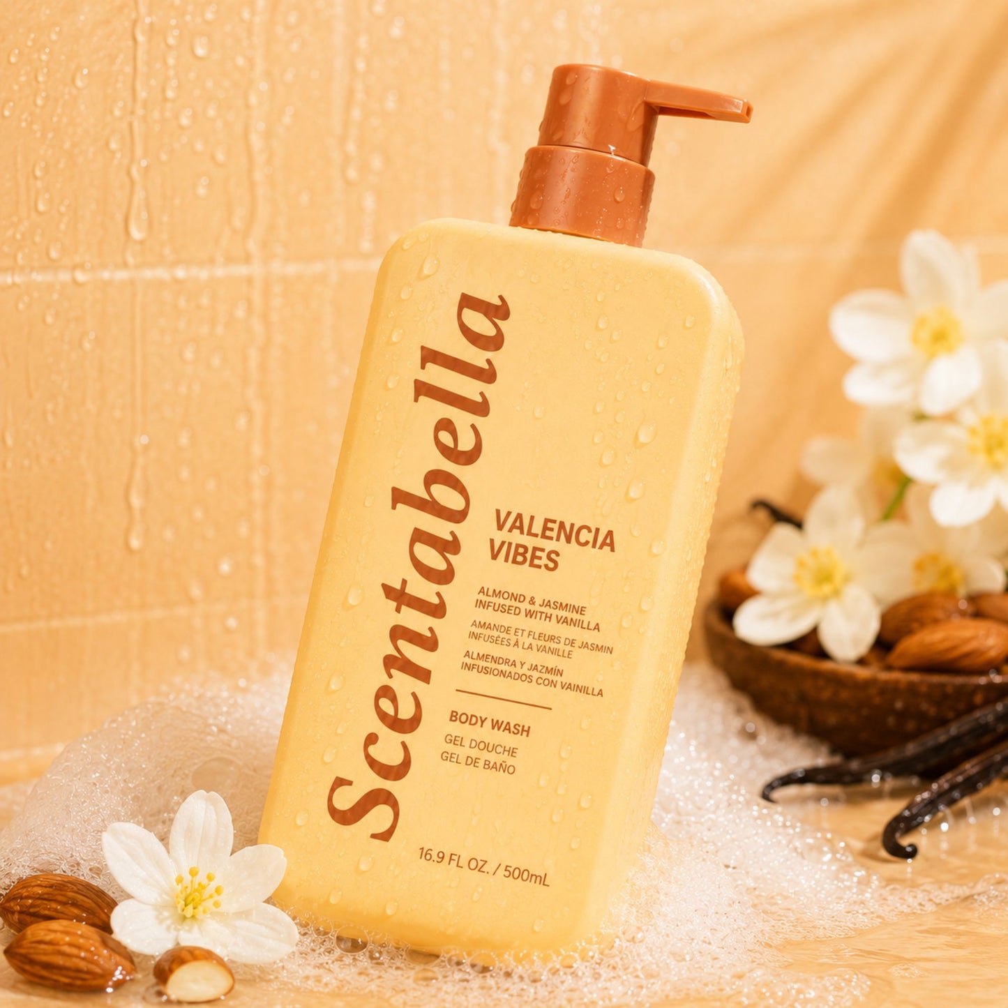 Scentabella Valencia Vibes body wash with almond jasmine and vanilla in pump bottle