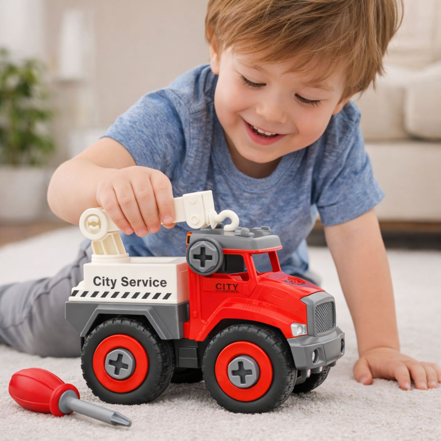 Child playing with a toy truck in a living room setting