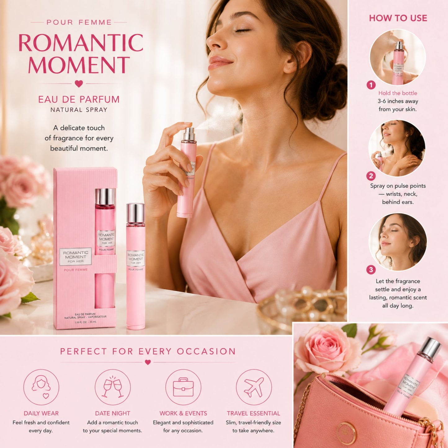 Romantic Moment Pour Femme Eau de Parfum shown being applied by a woman, with step-by-step spraying instructions and elegant pink perfume packaging in a feminine setting