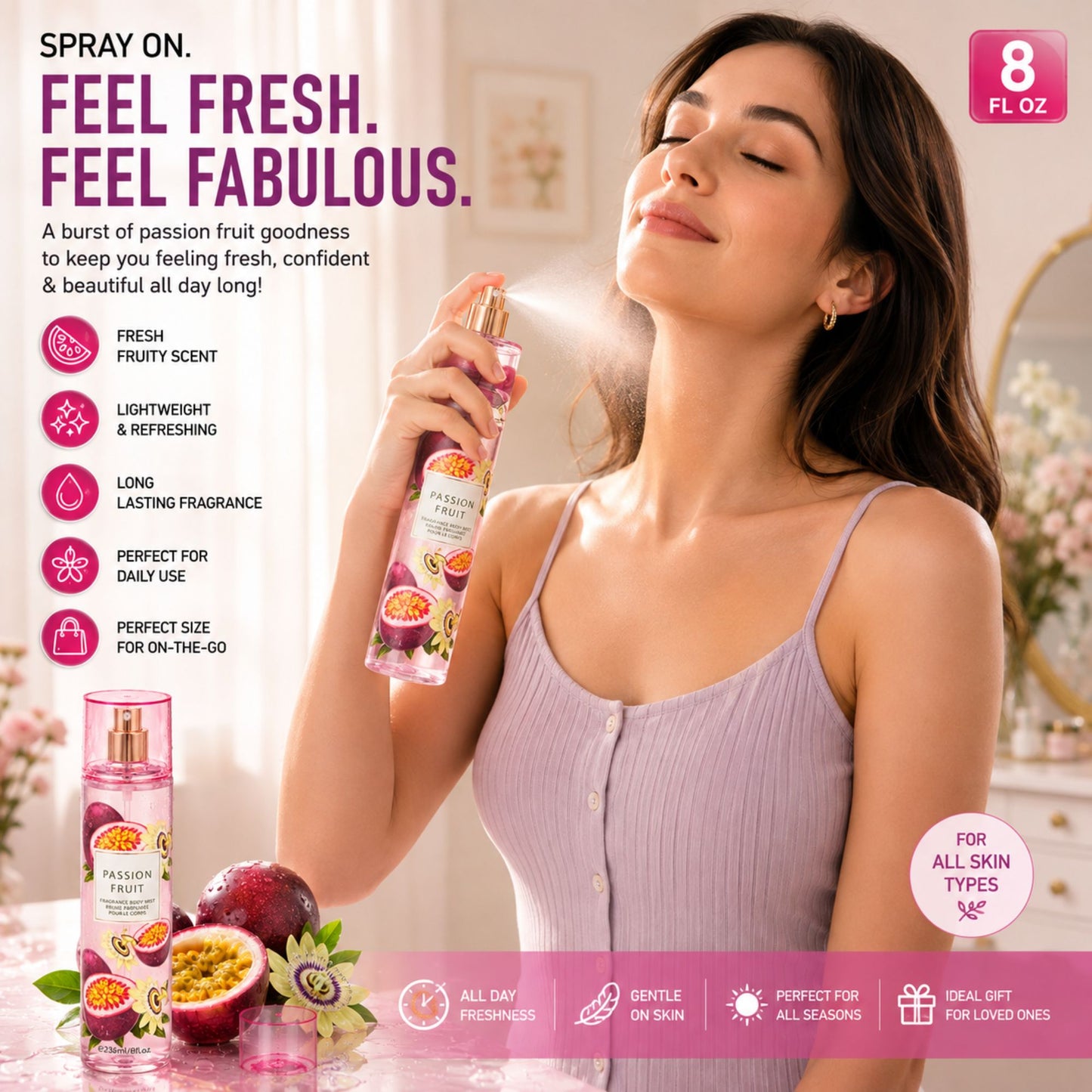 A woman in a lavender ribbed tank top sprays a pink passion fruit scented perfume from a bottle labeled 'Passion Fruit'. The image features promotional text, product details, and illustrations of fresh fruit on a soft pink background.