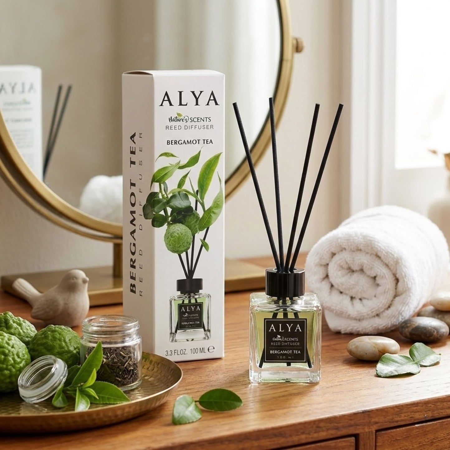 3.3oz ALYA Nature Scents Bergamot Tea Reed Diffuser lifestyle use image