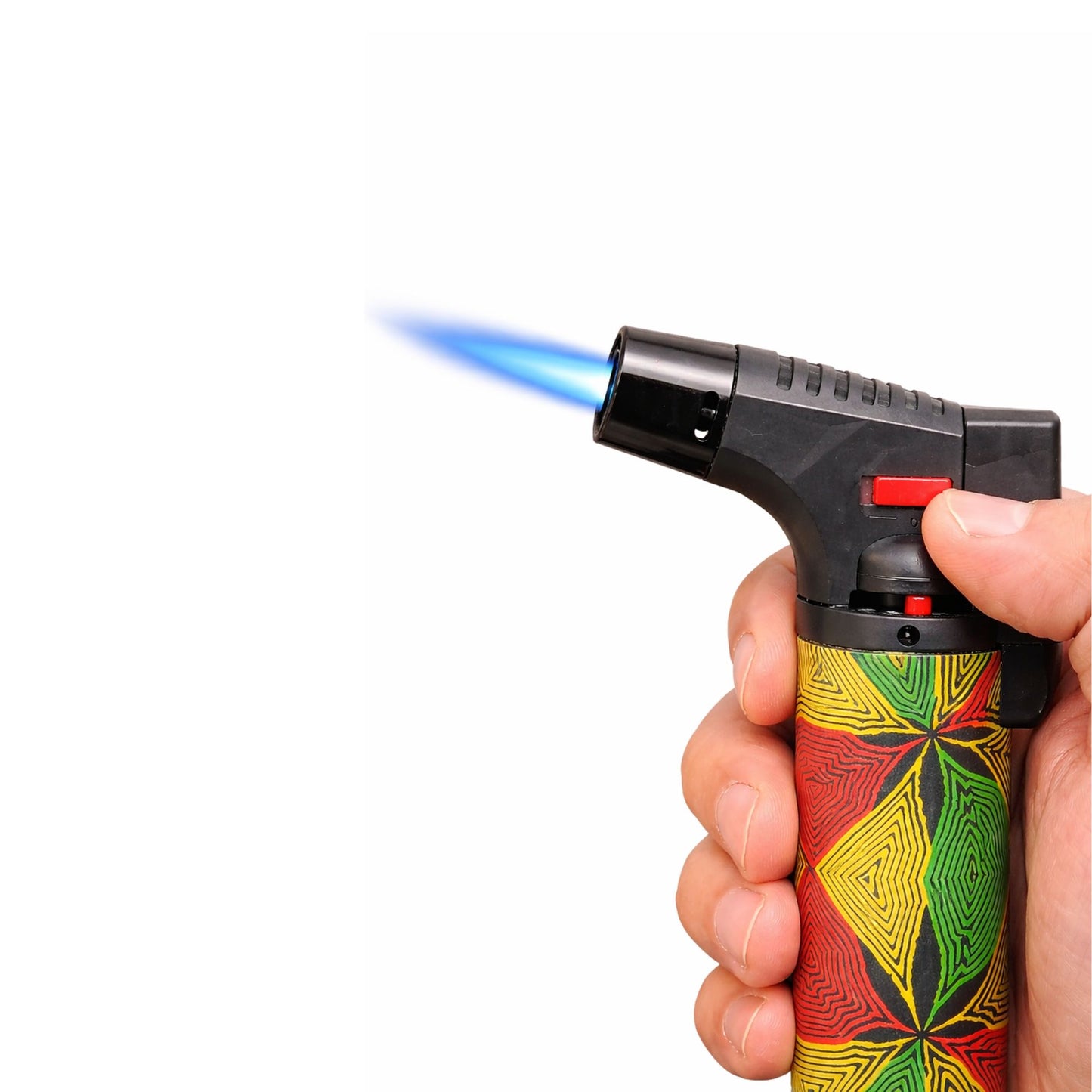 Hand holding a colorful打火机 with a blue flame on a white background