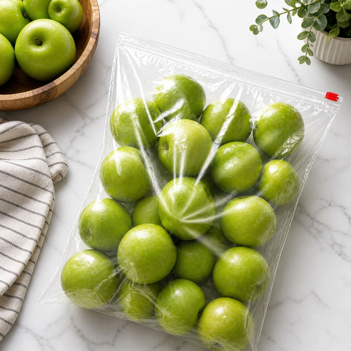 Nicole Home Collection 60 Count Gallon-Size Storage Bags in a purple and white box showing green apples and twist ties.