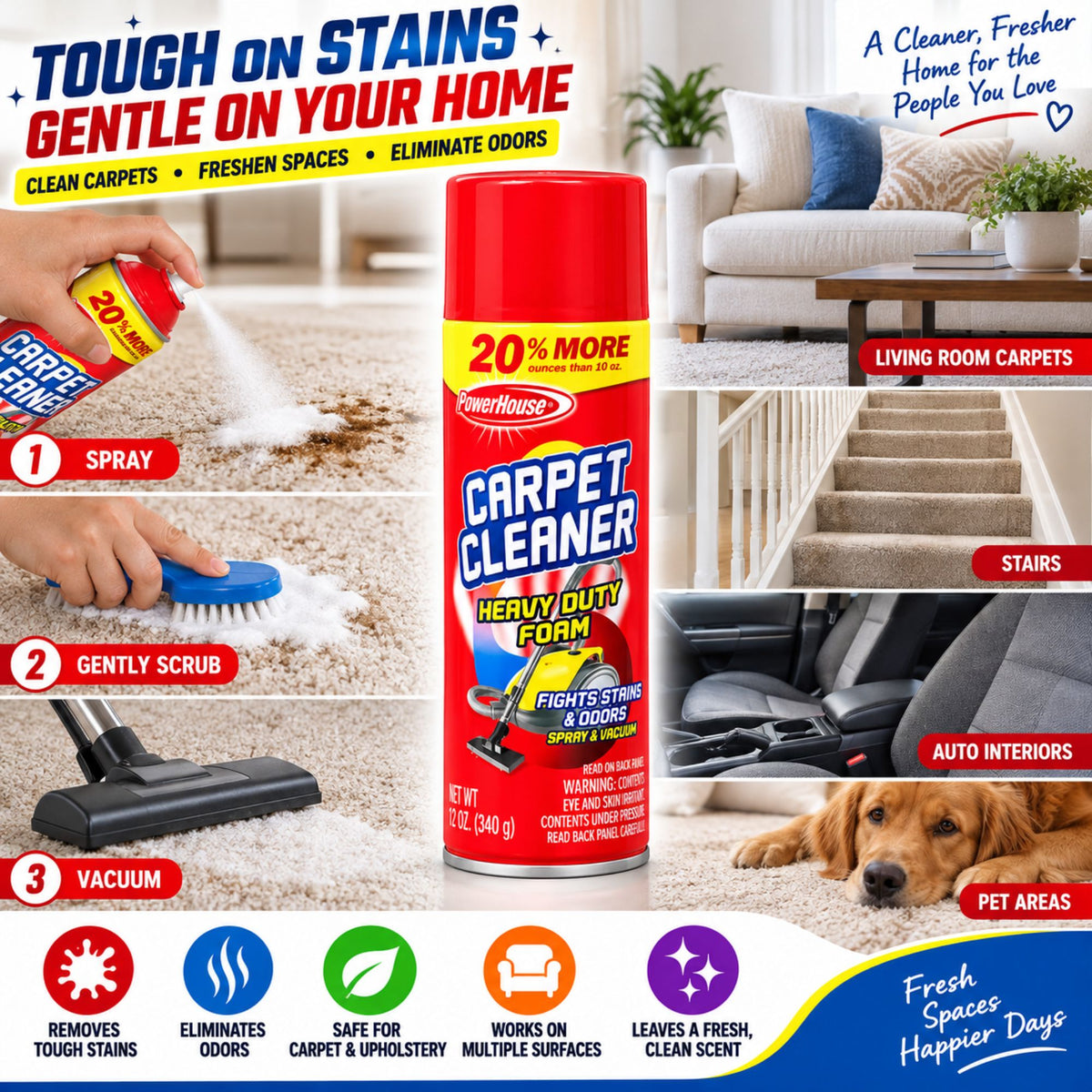 12oz Carpet Cleaner Foam: Heavy Duty Stain Odor Removal Spray PowerHouse