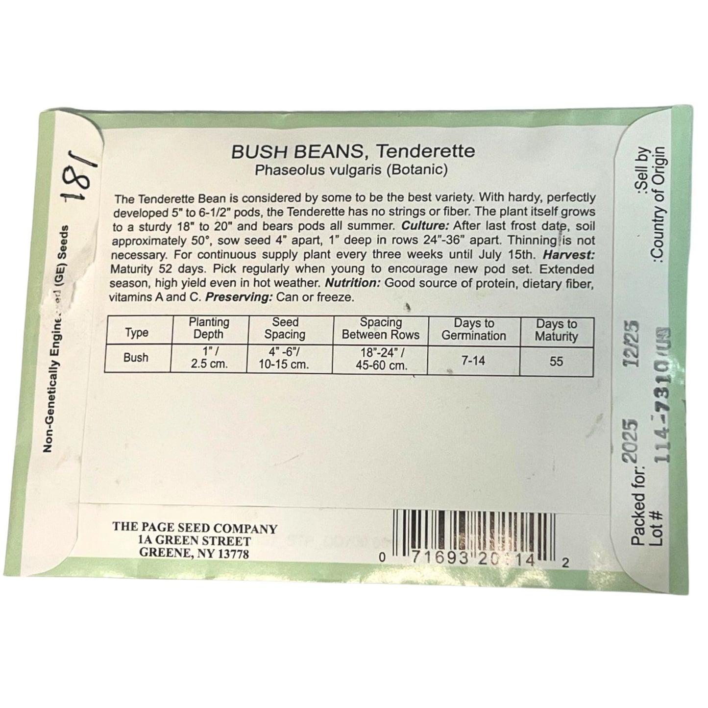 Seed packet for Bush Beans, Tenderette with planting instructions and details.