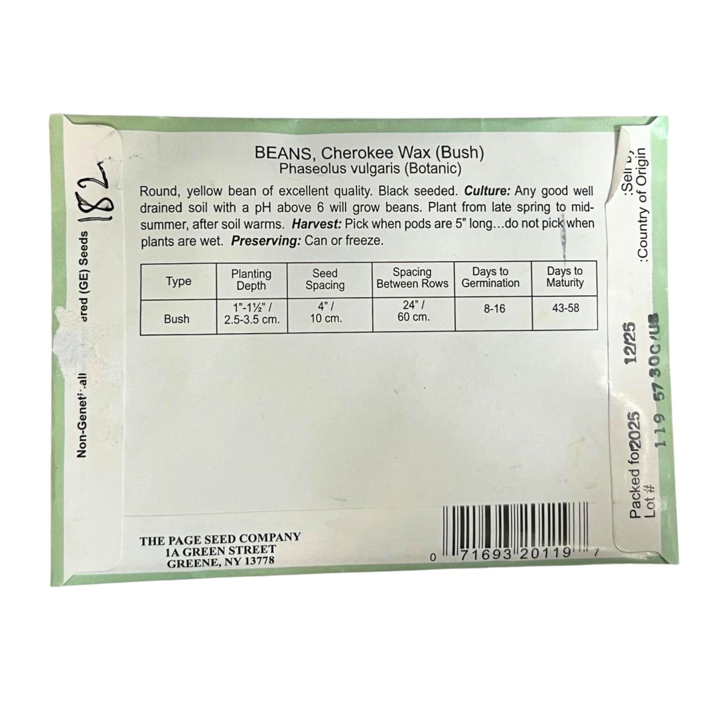Seed packet for Cherokee Wax beans with planting instructions and details.