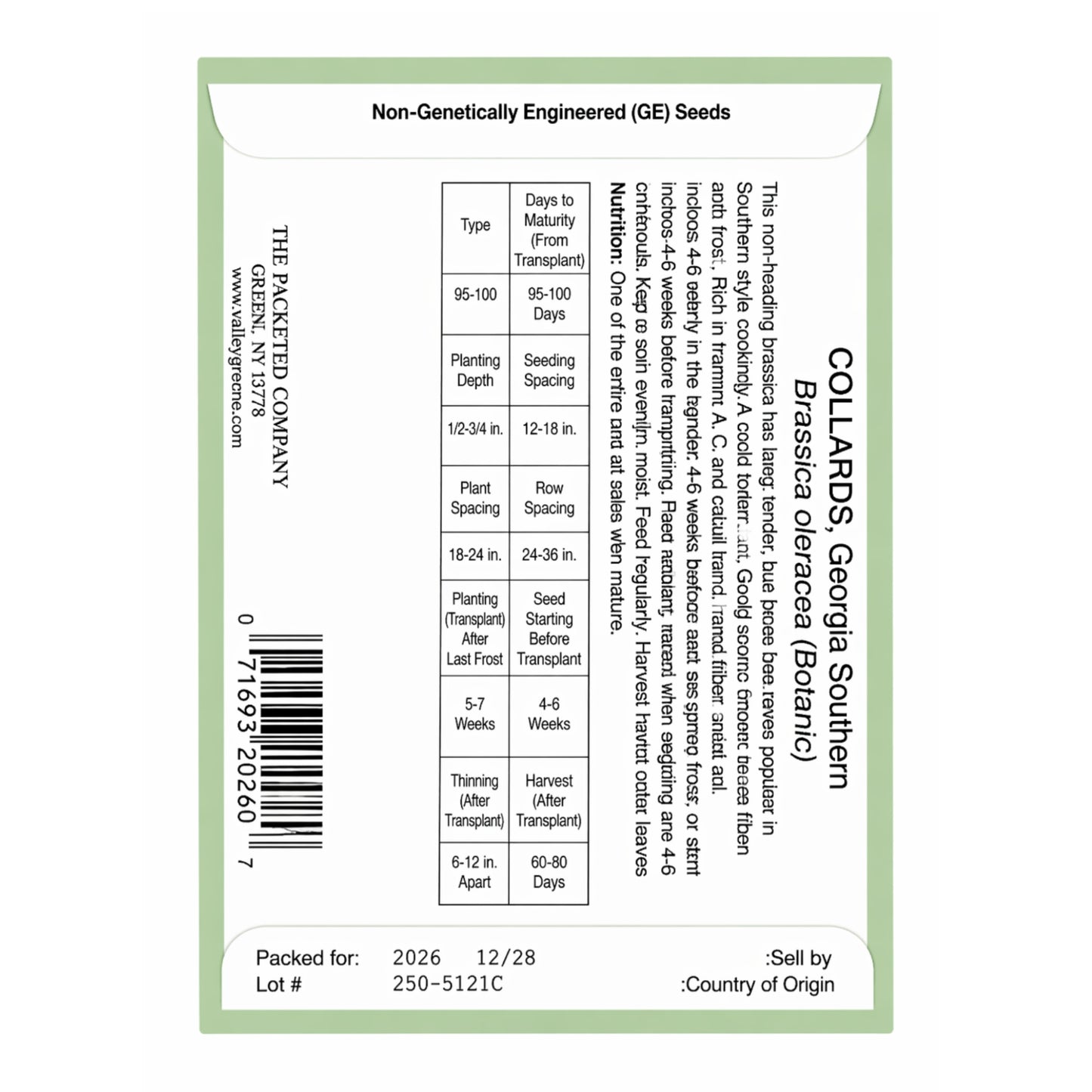 Collard Greens Heirloom Seed Pack Georgia Southern 800mg