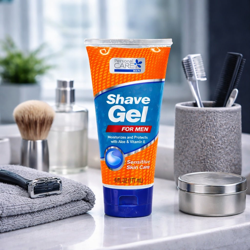 Shave gel tube on a bathroom counter with grooming items.