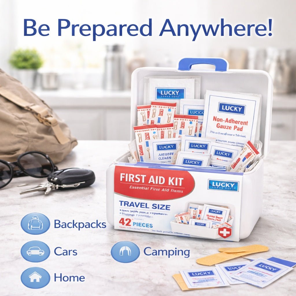 First aid kit with supplies on a table, labeled 'Be Prepared Anywhere!'.