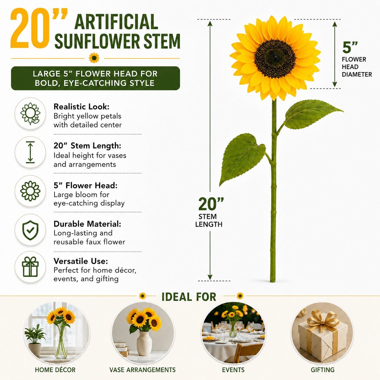 Artificial sunflower stem with a 5-inch flower head and 20-inch stem for home décor and floral arrangements