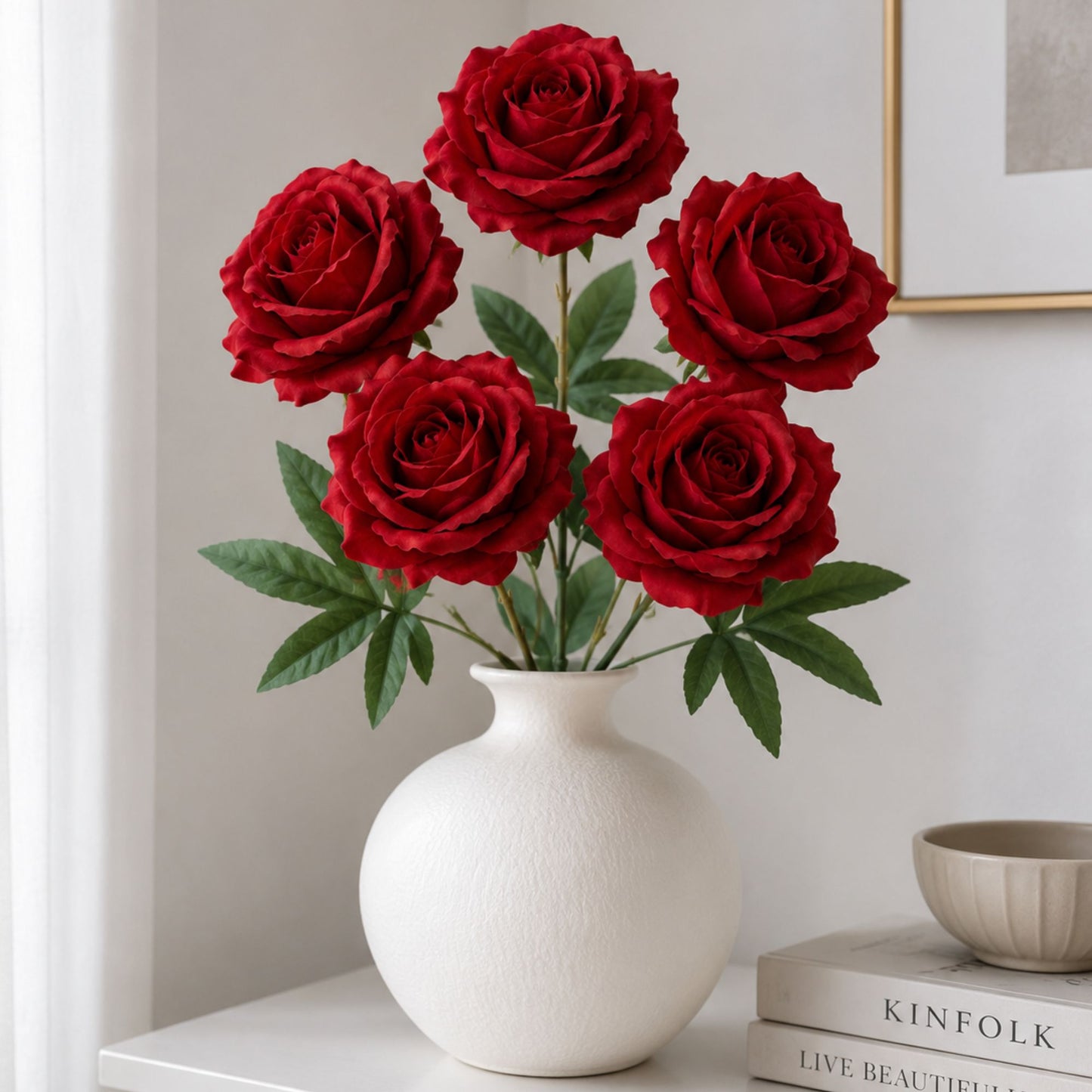 5 Head Artificial Red Rose Bouquet Flowers Home Decor