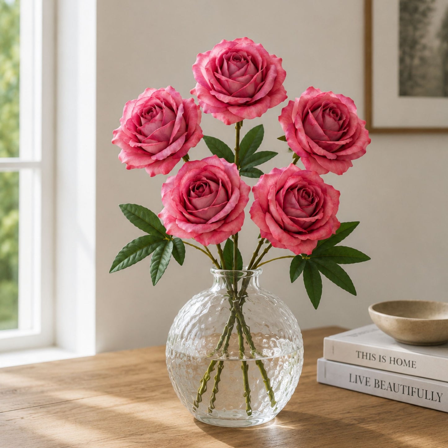 5 Head Artificial Pink Rose Bouquet