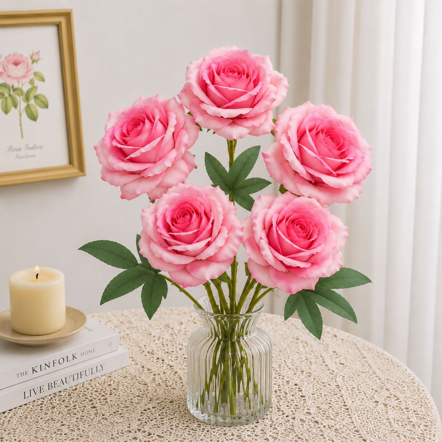 5 Head Artificial Light Pink Rose Bouquet