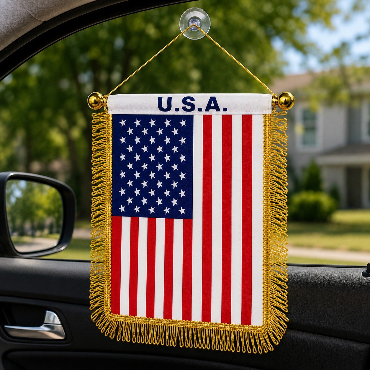 American flag hanging from a car's rearview mirror with 'U.S.A.' text.